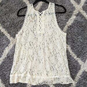 NWT American Eagle Outfitters Sheer Mesh Lace Cross Back Sleeveless Tank Size L